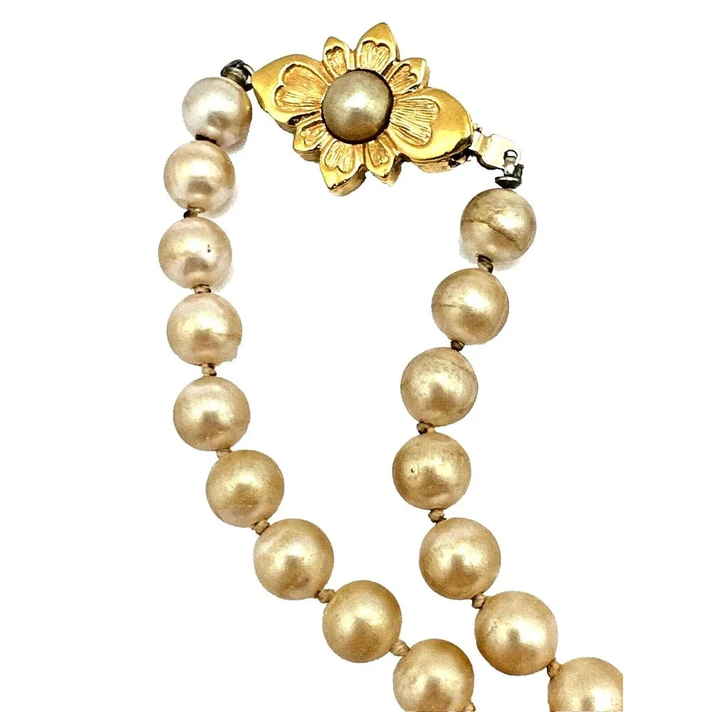 Vintage Faux Pearl Necklace Pale Gold Glass Bead Floral Clasp Statement 28